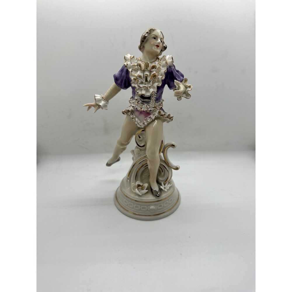 Vintage Porcelain‎ Victorian Style Dancing Lady Figurine Ruffle Gold Trim Dress